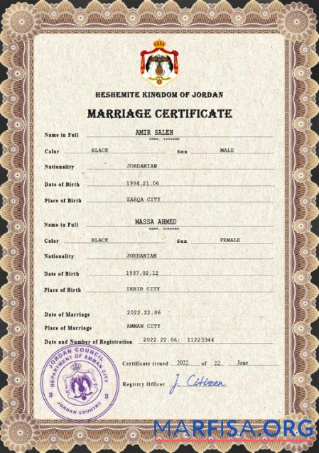 Downloadable Jordan marriage certificate PSD template